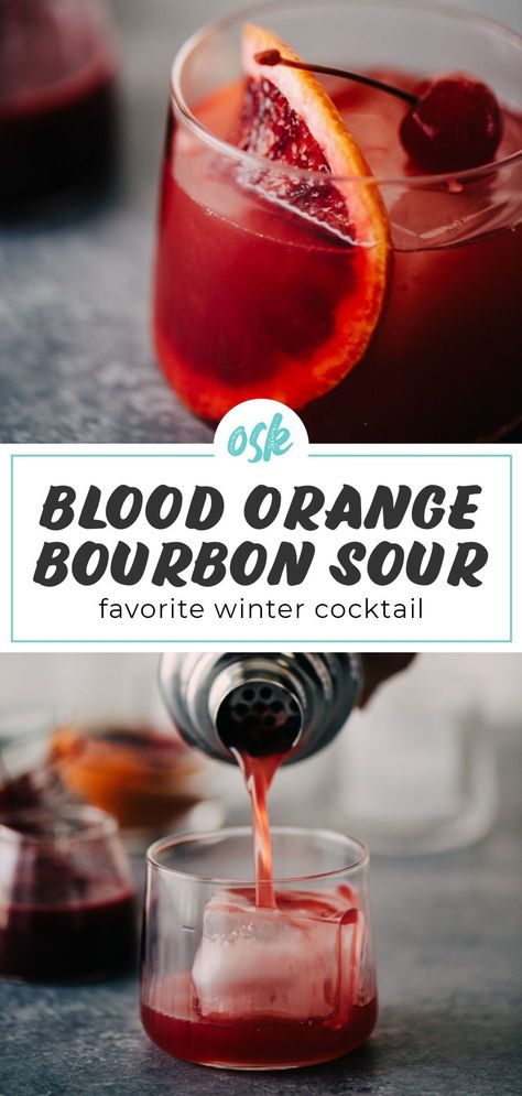 Winter Sour Cocktail, Smokey Bourbon Cocktail, Blood Orange Whiskey Sour, Winter Cocktails Bourbon, Honey Bourbon Cocktail, Blood Orange Bourbon Cocktail, Best Bourbon Cocktails, Winter Bourbon Drinks, Winter Whiskey Drinks