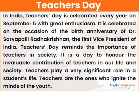 Essay on Teachers Day for Kids Essay On Teachers Day, Teachers Day In India, Teachers Day Celebration, Essay Writing Examples, Fun Facts For Kids, Essay About Life, Write An Essay, Teacher Day, Short Article