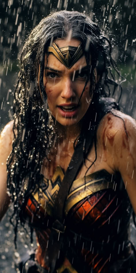 Gal Gadot as Wonder Woman, soaking wet, fighting, getting doused with water, completely soaked, wet black hair, glamorous brightly colored Wonder Woman Wet Black Hair, Wonder Woman Aesthetic, Wonder Woman Fan Art, Hero And Villain, Wonder Woman 2017, Cosplay League Of Legends, Power Corrupts, Wonder Woman Movie, Wonder Woman Art