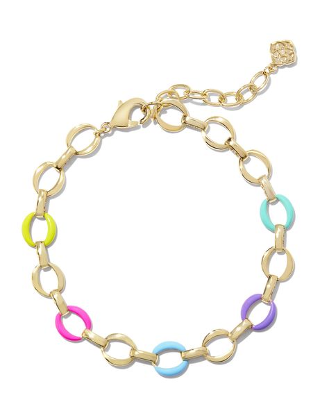 Bring the party to your wrist stack with the Kelsey Gold Chain Bracelet in Multi Mix. With its colorful enamel embellishments, this fun and funky chain bracelet pairs perfectly with any piece. Style it for a casual kickback or a night out on the town—all this bracelet needs is an excuse to stun. Metal 14k Yellow Gold Over Brass Material Turquoise Enamel, Purple Enamel, Neon Magenta Enamel, Chartreuse Enamel, Light Blue Enamel Closure Lobster Clasp Size 6.5"L With 1.5"L ExtenderDue to the one-of-a-kind nature of the medium, exact colors and patterns may vary slightly from the image shown. | Kendra Scott Kelsey Gold Chain Bracelet in Multi Mix | Mixed Stones Neon Yellow Bracelet, Neon Bracelets, Neon Accessories, Funky Bracelet, Kendra Scott Bracelet, Wrist Stacks, Preppy Jewelry, Gold Statement Necklace, Rainbow Bracelet