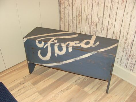 Ford bench I made Ford Bench, Ford Decor, Auto Art, Dog Shop, Black Dog, Diy Wood, House Stuff, Wood Sign, Project Ideas