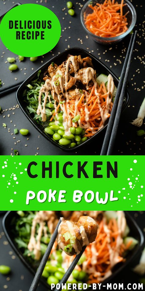 Poke Salad Bowl, Chicken Poke Bowl Ideas, Asian Poke Bowl Recipe, Poke Bowl With Chicken, Sushi Bowl Recipe Chicken, Poke Bowls Ideas, Sushi Bowl Chicken, Asian Power Bowl, Poke Bowl Recipe Chicken