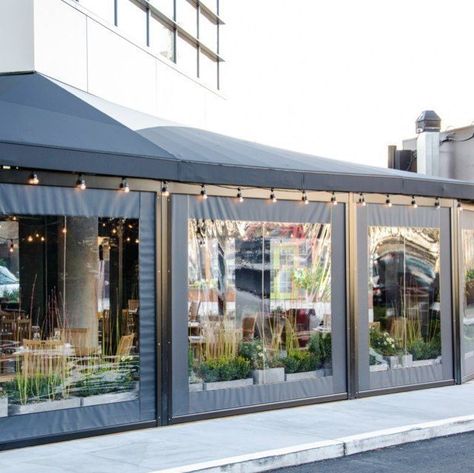 Vestibule Enclosures and Awnings in NYC Semi Outdoor Cafe, Restaurant Curtains, Striped Awning, Outdoor Restaurant Patio, Retractable Screens, Custom Awnings, Outdoor Restaurant Design, Restaurant Exterior, Restaurant Patio