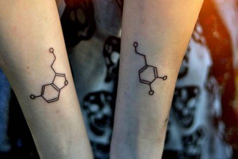 Nerd Couples Tattoos, Dopamine Tattoo, Serotonin Tattoo, Dopamine And Serotonin, Chemistry Tattoo, Partner Tattoos, Canvas Tattoo, Science Tattoo, Minimalist Tattoo Meaning