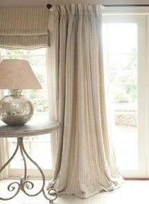 For a dramatic and more formal look adding 1-3 inches to the pole, a drop will create a puddled curtain that feels sumptuous and works in both traditional and contemporary spaces. This option is often more high maintenance and requires more frequent cleaning. Stripe Curtains Living Room, Tufted Ottoman Coffee Table, Cottage Curtains, Grown Up Bedroom, Curtain Headings, Blinds And Curtains, Curtain Styles, House Blinds, Morning Room