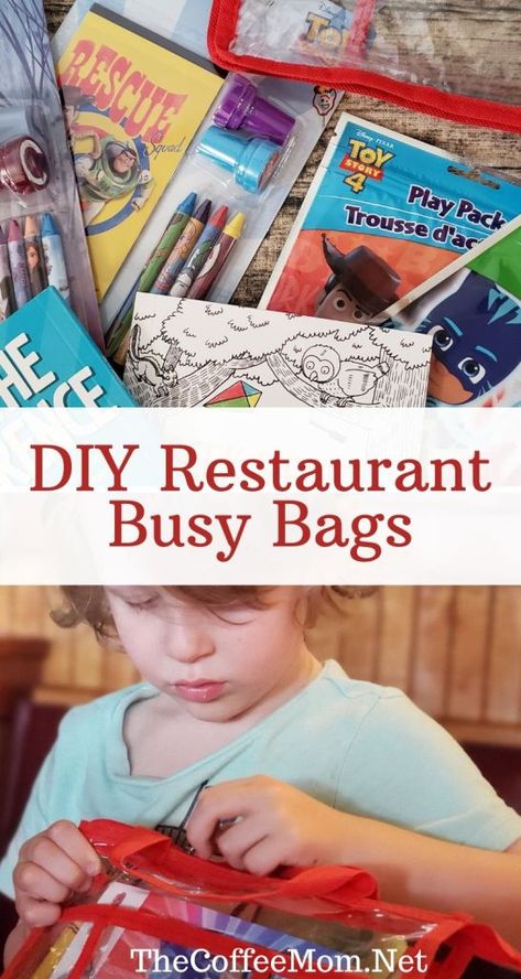 Taking toddlers to restaurants can feel like walking into war! Everything is unpredictable, will they scream? Will they cry? No one knows! Most of us don't want to just hand our kid a phone to keep them entertained at a restaurant, so what is a busy mom to do? DIY restaurant busy bags have saved my dinner quite a few times! With fun and inexpensive activities, these bags are a real dinner time lifesaver! Busy Bags For Toddlers, Parenting Hacks Baby, Diy Entertainment, Kid A, Busy Books, Pack And Play, Toddler Bag, Kids Mood, Toddler Development