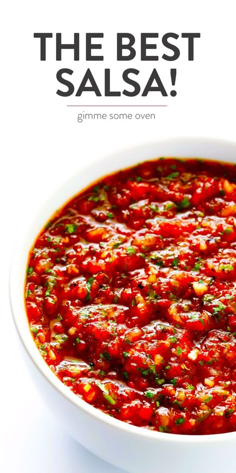 My all-time favorite homemade salsa recipe!! It's quick and easy to make in a food processor or blender, it's easy to make spicy or mild, and it is SO flavorful and delicious! | Gimme Some Oven #mexican #salsa #appetizer #dip #easyrecipes Restaurant Style Salsa Recipe, Best Salsa Recipe, Best Salsa, Mexican Salsa Recipes, Restaurant Style Salsa, Homemade Salsa Recipe, Mexican Salsa, Gimme Some Oven, Homemade Salsa