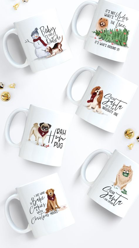 Sublimated Mugs, Dog Merchandise, Watercolor Dogs, Cute Typography, Holiday Mugs, Animal Caricature, Dog Calendar, Dog Christmas Card, Christmas Dogs