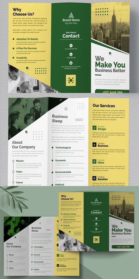 Business Trifold Brochure Design Template Layouts Corporate Identity Trifold Layout Design, Corporate Document Design Layout, Nonprofit Brochure Design, Minimalistic Brochure Design, Business Trifold Brochure, Sales Brochure Design, Corporate Layout Design, Course Brochure Design, Corporate Brochure Design Layout