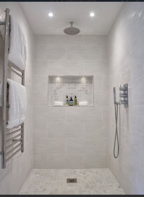 Small Bathroom Remodel Shower Only, Light Grey Shower Tile, Grey Shower Tile, Small Shower Tile, Walk In Shower With Half Wall, Large Tile Bathroom, Gray Shower Tile, Master Bath Tile, Bathroom Redecorating