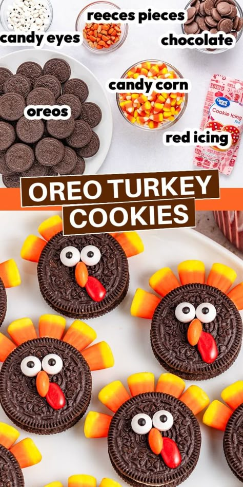 These easy Oreo Turkey Cookies make ideal Thanksgiving treats for kids, or easy thanksgiving favors. They're also an easy thanksgiving candy craft to keep the kids busy! Thanksgiving Desserts Kids, Turkey Made Out Of Candy, Candy Turkeys For Thanksgiving, Thanksgiving Cookies, Fun Thanksgiving Desserts, Thanksgiving Cookie Ideas, Cute Thanksgiving Treats, Sweet Thanksgiving Treats Easy Thanksgiving Foods For Kids, Oreo Cookie Turkey Treats, Oreo Cookie Turkeys, Candy Turkeys For Kids, Thanksgiving Dirt Cups, Turkey Cookies With Candy Corn, Oreo Thanksgiving Treats, Kids Cooking Recipes Thanksgiving, Easy Things To Make For Thanksgiving