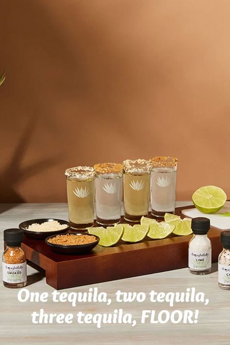 Ready for a good time!? This is the perfect gift for any tequila lover. Shoot or sip, we won't judge! 🤪 Cocktails Tequila, Smoked Chili, Flight Board, Tequila Gift, Tequila Tasting, Flavored Salts, Cocktail Garnish, Bar Essentials, Lemon Slice