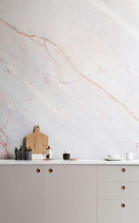 Truly transform your kitchen | Naked Kitchens Kitchen With Marble, Marble Effect Wallpaper, Design Hall, Murals Wallpaper, Kitchen Company, Interiors Magazine, Marble Wallpaper, Kitchen Cabinet Doors, Pink Kitchen