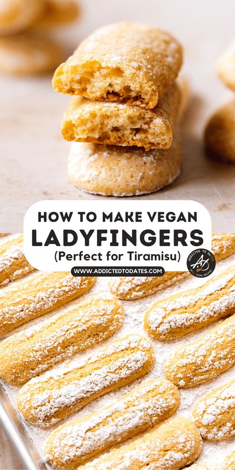 Vegan Ladyfingers (Savoiardi Cookies) - Addicted to Dates Vegan Tiramisu Cake, Vegan Italian Cookies, Vegan Italian Dessert Recipes, Vegan Italian Dessert, Vegan Trifle Desserts, Vegan Tiramisu Recipe, Vegan Trifle, Tiramisu Vegan, Tiramisu Trifle