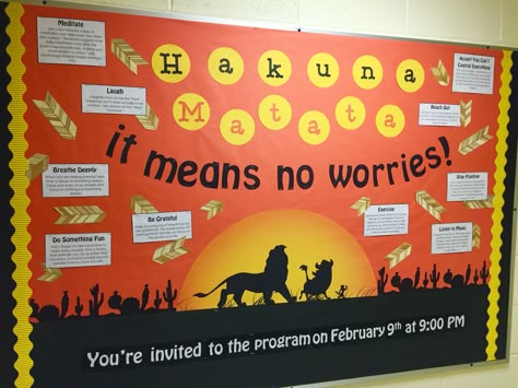 Hakuna matata #noworries #lionking Animal Kingdom Bulletin Board Ideas, Africa Bulletin Board Ideas, Lion King Bulletin Board Ideas, Lion King Door Decorations Classroom, Lion King Bulletin Board, Lions Classroom Theme, Lion King Classroom Theme, Lion King Classroom, The Lion King Bulletin Board