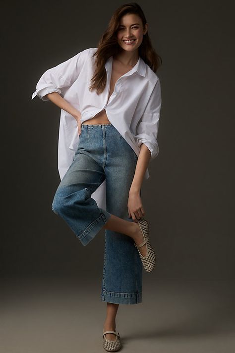 Jeans And Crop Top Outfit, Anthropologie Outfits, Wardrobe List, Cropped Jeans Outfit, Work Vibes, Cropped Outfits, Wide Leg Jeans Outfit, Anthropologie Clothing, Androgynous Style