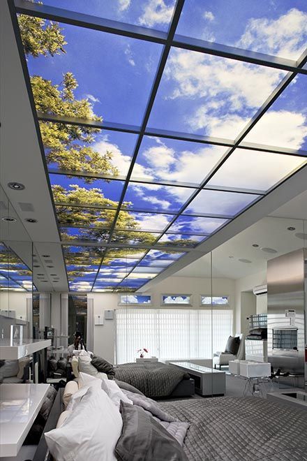 Sky Ceilings. I soooo want one of these fake sky views on my bedroom ceiling.....amazing! Brighten Room, Sky Ceiling, Fake Window, Faux Window, Ceiling Murals, Ceiling Ideas, Hospital Design, Bedroom Ceiling, Glass Roof