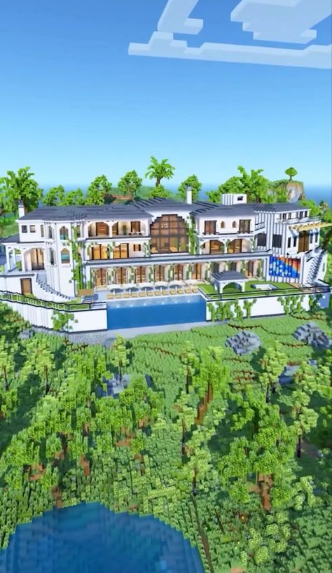 Beach Mansion Minecraft, Minecraft Infinity Pool, Big Minecraft Houses Mansions, Modern Mansion Minecraft, Minecraft Big Builds, Minecraft House Big, Minecraft Big House, Minecraft Mansion Ideas, Minecraft World Ideas