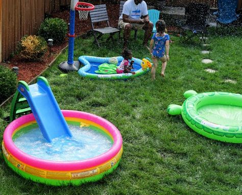 Water Party Ideas: Splish Splash Birthday Bash · Urban Mom Tales Water Play Party Ideas Kids, Splash Party Ideas Water Games, Birthday Party Water Activities, Backyard Water Birthday Party For Kids, Splash First Birthday Party, Summer Birthday Ideas For Kids, Splish Splash 1st Birthday Bash, Outdoor 2nd Birthday Party Ideas, Water Bounce House Party Ideas