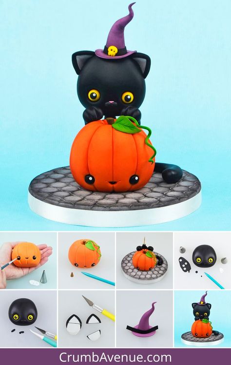 Halloween Fondant Cake, Cute Halloween Cakes, Winter Torte, Cold Porcelain Tutorial, Cakes For Kids, Halloween Torte, Witch Cake, Halloween Birthday Cakes, Cat Cake Topper