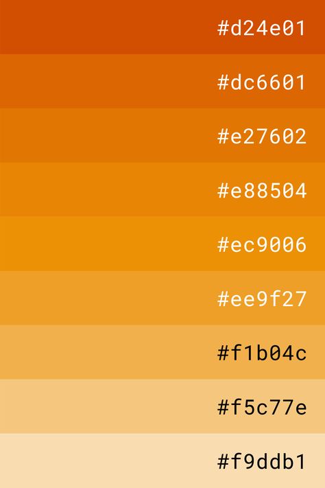 Orange Colors Shades, Yellow Orange Pallete Color, Orang Color Palet, Orange Gradient Palette, Zenitsu Color Palette, Orange Color Palette Hex Codes, Orange Hex Code Palette, Color Palette 9 Colors, Halloween Color Palette Hex Code