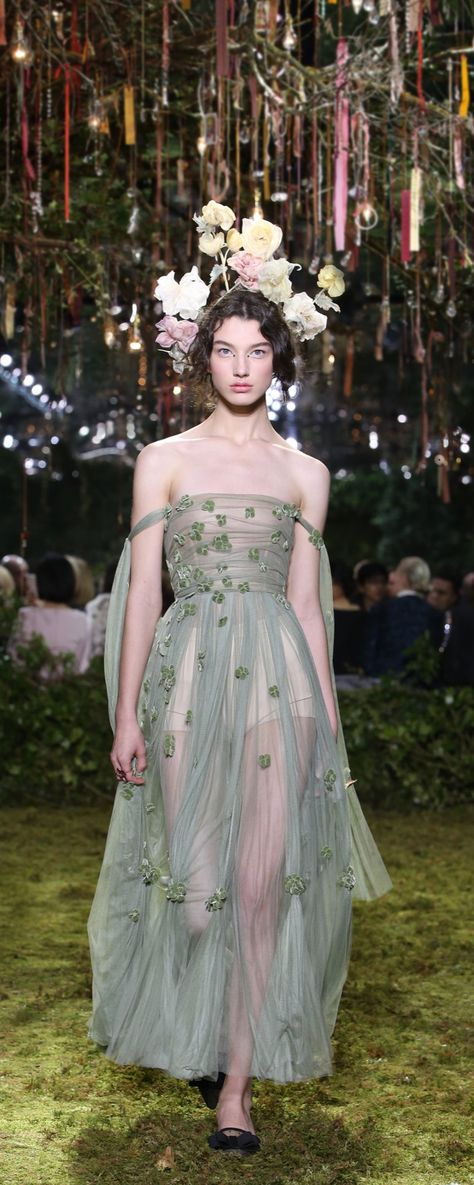 Dior Tulle Dress, Enchanted Forest Fairy Dress, Forest Inspired Dress, Green Leaf Dress, Dior Flower Dress, Green Nature Dress, Enchanted Forest Gown Prom, Enchanted Dress Prom, Enchanted Forest Theme Party Outfit