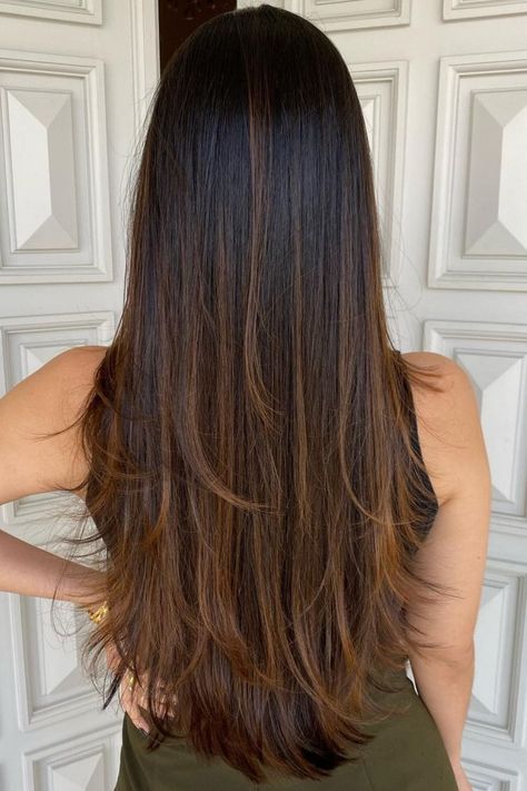 Brown Shade Hair Color Highlights, Hair Long Color Ideas, Balayage Hair Color Ideas Straight Hair, Brown Highlights Hair Color, Hair Color In Straight Hair, Highlights For Long Hair Brown, Highlights On Hair Black, Long Hair Coloring Ideas, Hair Color For Long Hair Highlights