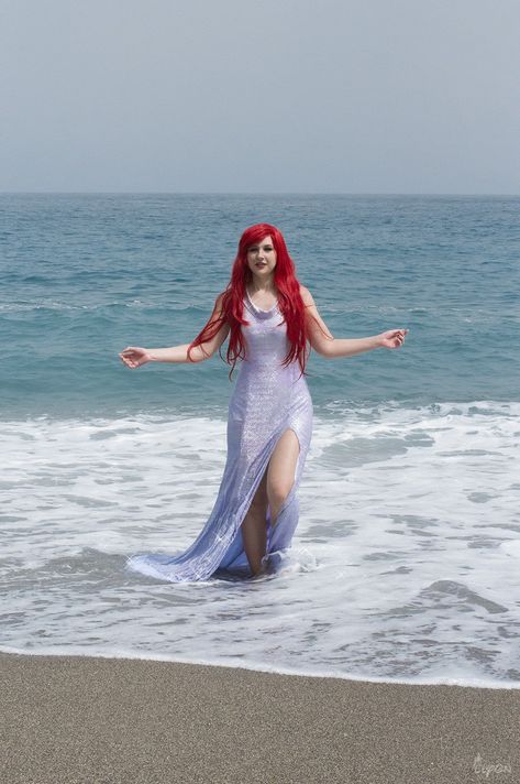 Ariel's Seafoam Dress Ariel Seafoam Dress, Ariel Cosplay Dress, Beach Dress Photoshoot, Seafoam Dress, Mermaid Photo Shoot, Little Mermaid Dresses, Disney Princess Villains, Ariel Cosplay, Snow White Doll