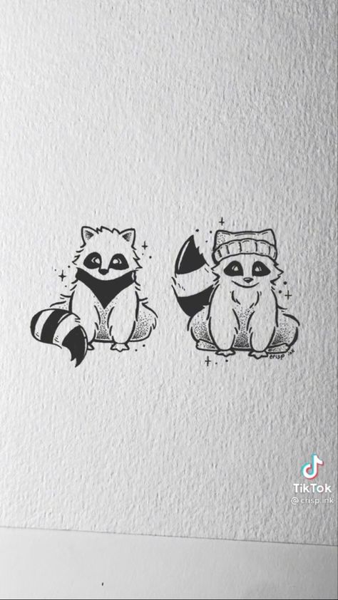 Raccoon Tattoo, Maching Tattoos, Cute Matching Tattoos, Matching Friend Tattoos, Bestie Tattoo, Dinosaur Tattoos, Matching Sister Tattoos, Arte Doodle, Sibling Tattoos