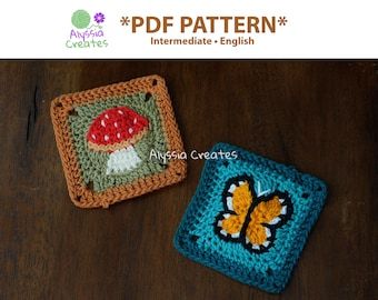 Butterfly Granny Square, Mushroom Granny Square, Butterfly And Mushroom, Crochet Butterfly, Square Blanket, Pouch Pattern, Blanket Patterns, Granny Squares Pattern, Square Crochet