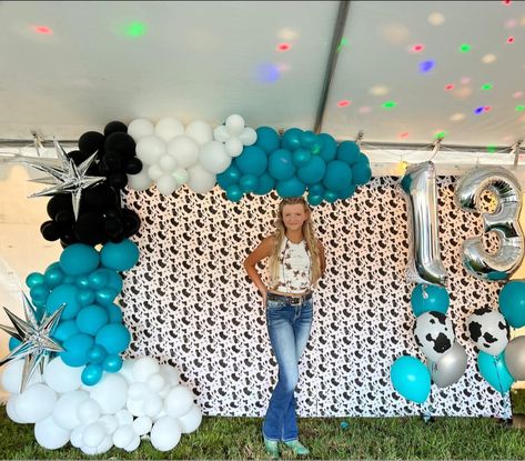 Turquoise Cow Print Party, Western Birthday Party Balloon Arch, Cow Print And Teal Party, Teal Cowgirl Birthday Party, Teal And Cow Print Birthday, Cow Print And Teal Birthday Party, Turquoise And Cow Print Party, Cow Print Sweet 16, Cow Print And Turquoise Birthday