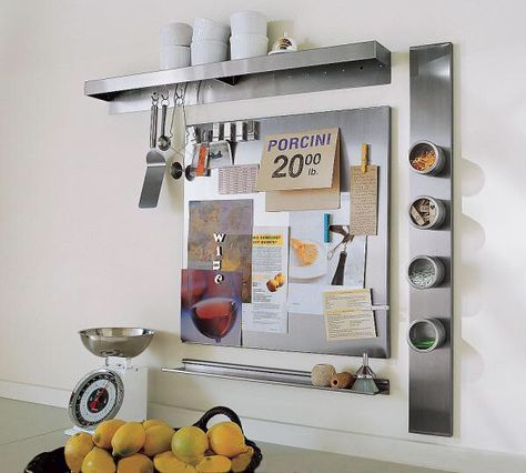 Magnet Board Ideas. Kitchen Wall Organizer, Utility Shelves, Magnetic Board, Memo Board, Wall Systems, Wall Organization, Steel Wall, Stainless Steel Kitchen, Cool Diy