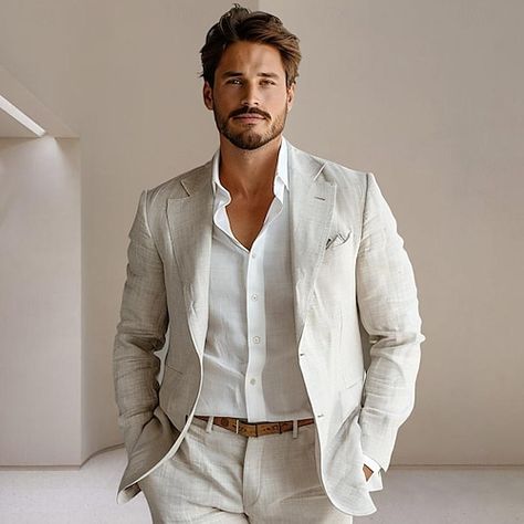 Wedding Party Suits Men, Light Colored Groom Suit, Beachy Groom Attire, Men's Wedding Guest Look, Summer Semi Formal Wedding Guest Attire Men, Men’s Wedding Rehearsal Dinner Outfit, Men’s Summer Linen Suit, Mens Destination Wedding Attire, Men’s Dress Attire For Beach Wedding