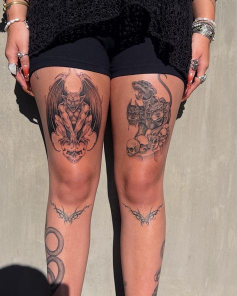 💞 Fresh Gargoyle 💞 Healed Cerbero & Tribals 💞 #legtattoos Small Gargoyle Tattoo, Bremen Aesthetic, Gargoyle Tattoo Design, Gargoyle Tattoo For Women, Gargoyle Aesthetic, Gargoyle Character, Feminine Gargoyle Tattoo, Gargoyle Art, Gargoyles Art