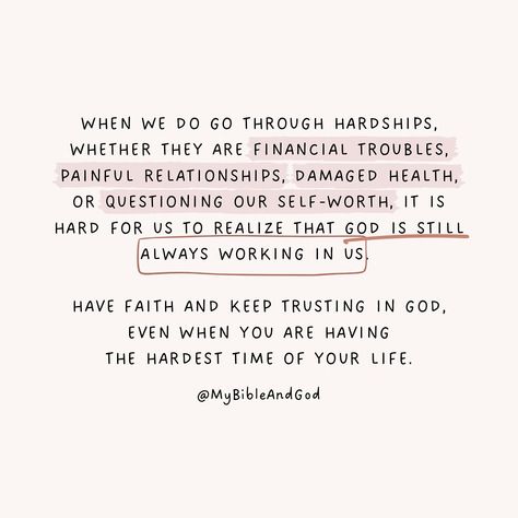 Having faith in difficult times can allow us to find peace in God’s presence. God has given us the gift of faith so that we may use it to recognize His works and not be in constant worry when we are surrounded by uncertainties. 👉 And we know [with great confidence] that God [who is deeply concerned about us] causes all things to work together [as a plan] for good for those who love God, to those who are called according to His plan and purpose. — Romans‬ ‭8:28‬ 👉 For my thoughts are not you... Peace In God, Spiritual Fitness, Having Faith, Christian Board, Romans 8, Time Of Your Life, Difficult Times, Bible Journal, Find Peace