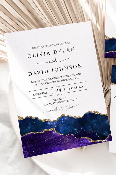 Galaxy Agate Wedding Invitation Set, Navy Blue Purple Gold Agate Wedding Invitation Suite, Geode Wedding, Celestial Night Sky Wedding Invite Wedding Celestial, Night Sky Wedding, Blue Purple Wedding, Sky Wedding, Purple And Gold Wedding, Geode Wedding, Agate Wedding, Amethyst Wedding, Celestial Wedding