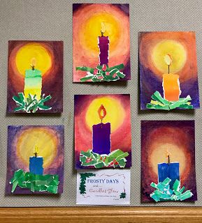 Christmas Candle Art For Kids, Candle Art Project For Kids, Chalk Pastel Christmas Art, Christmas Candle Crafts For Kids, Christmas Art 2nd Grade, Grade 5 Christmas Art, Christmas Candle Art, Advent Art Projects, Christmas Art Lessons