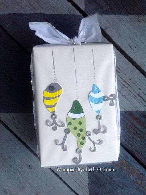 Fishing Fishing Gift Wrapping Ideas, Creative Wrapping, Scrap Books, White Wrapping Paper, Gifts Wrapping, Gift Wrapping Ideas, Gifts Wrapping Diy, Birthday Gift Wrapping, Fisherman Gifts