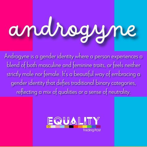 Being androgyne means embodying a unique and fluid sense of self that combines or transcends conventional gender norms. It’s about celebrating the rich, nuanced spectrum of gender and expressing oneself in a way that feels most authentic. Androgyne individuals offer us a fresh perspective on gender, showing that it’s possible to be a wonderful mix of many things or to embrace a more ambiguous and versatile identity. 💫 Their presence is a powerful reminder that gender is not a one-size-fits-a... Genderfae Meaning, Androgyne Flag, Trans Positivity, Gender Fluid, Gender Norms, Sense Of Self, Trans Rights, Fresh Perspective, Trading Post