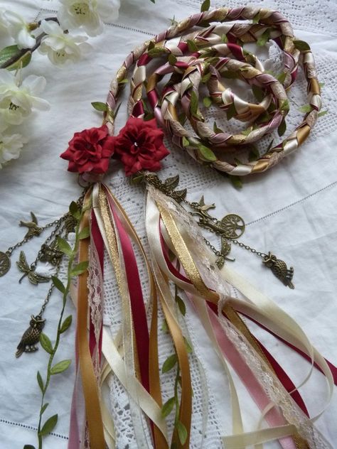 Hand Fasting Cord, Medieval Wedding Theme, Woodland Wedding Ceremony, Witch Wedding, Hand Fasting, Wedding Cord, Stitched Flowers, Handfasting Cords, Pagan Wedding