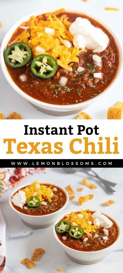 This delicious budget-friendly Instant Pot Chili is the absolute best!! This Texas style chili is made with ground beef, beer, no beans and the perfect blend of Tex Mex chili spices. If you need a quick dinner recipe that tastes as if you simmered it all day, then this 30 minutes meal is right for you! #beef #groundbeef #Texas #TexMex #Chicana #lemonblossoms #instantpot #recipe #best Instant Pot Chili Recipe, Instant Pot Chili, Whole30 Keto, Poblano Peppers, Potted Beef, Beef Chili, Beef Recipes Easy, Chili Recipe, Easy Family Meals