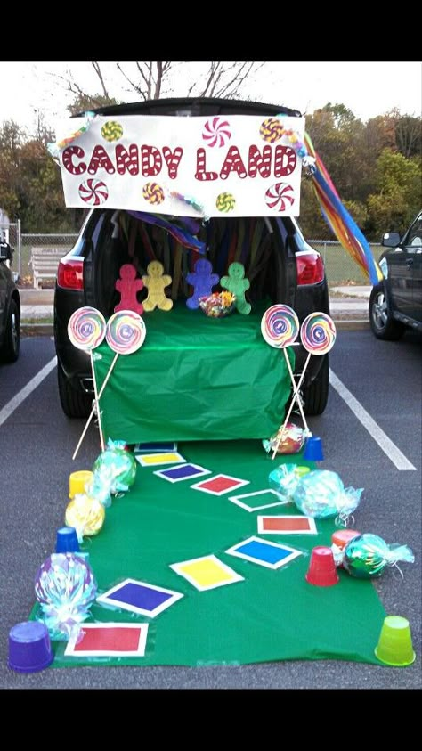 Candy Land Theme Candyland Trunk Or Treat Ideas, Candyland Trunk Or Treat, Church Trunk, Halloween Car Decorations, Trunker Treat Ideas, Trunk Or Treat Ideas, Candy Land Decorations, Hallowen Ideas, Candyland Birthday