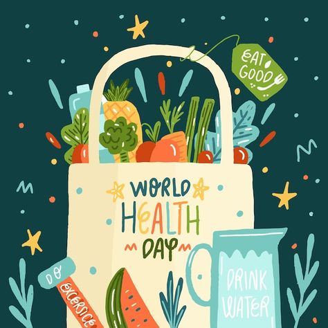 Health Day Illustration, Illustrations Ideas, Day Illustration, World Health Day, Health Day, Health Drink, Vector Hand, Worlds Of Fun, Drinking Water