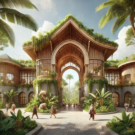 Tropical zoo entrance Tropical Zoo Entrance, Modern Zoo Entrance, Modern Zoo Architecture, Planet Zoo African Theme, Planet Zoo Staff Area, Theme Park Entrance Design, Planet Coaster Entrance, Planet Coaster Inspiration, Zoo Entrance Design