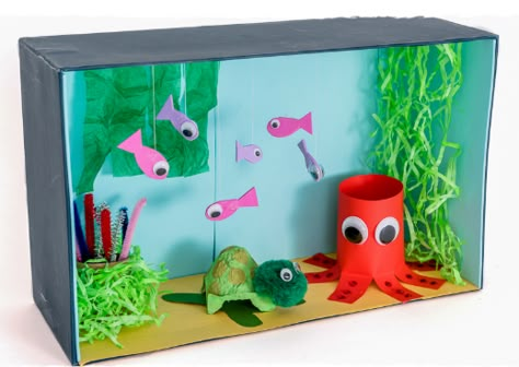 Under The Sea Box Project, Under The Sea Shoe Box Project, Craft Fish Tank, Sea Creatures Art And Craft, Aquarium Craft Ideas, Shoe Box Aquarium, Homemade Aquarium, Kids Aquarium, Sea Creatures Crafts