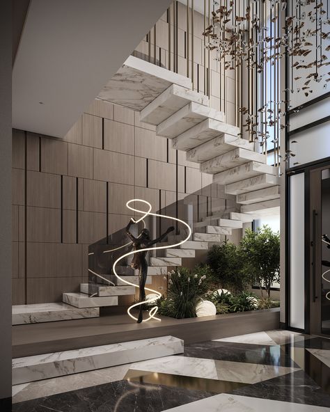 VILLA ENTRANCE (3) | Images :: Behance Luxury Home Stairs, Grand House Entrance, Staircase Below Design, Entrance Designs For Home, Under Staircase Ideas Modern, Stair Case Wall Designs, Villa Stairs Design, Stairs Design Interior Luxury, Reception Stairs