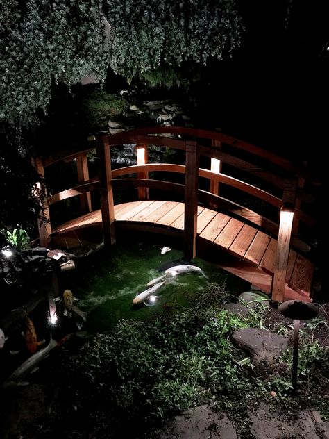 Bridge lighting Indoor Bridge Walkway, Pond With Bridge Backyard, Home Bridge Ideas, Small Bridge Over Stream, Garden Pond With Bridge, Small Bridge Over Creek, Backyard Pond Bridge, Koi Pond Bridge, Small Bridges Over Creek