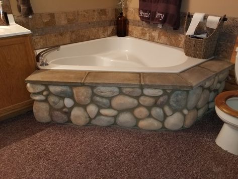 Rustic Drop In Tub Ideas, Rustic Tub Surround Ideas, Jet Tub Remodel, Rocks Under Bathtub, Brick Tub Surround, Tub With Rock Surround, Stone Tub Lowe's, Jet Tub, Tub Remodel