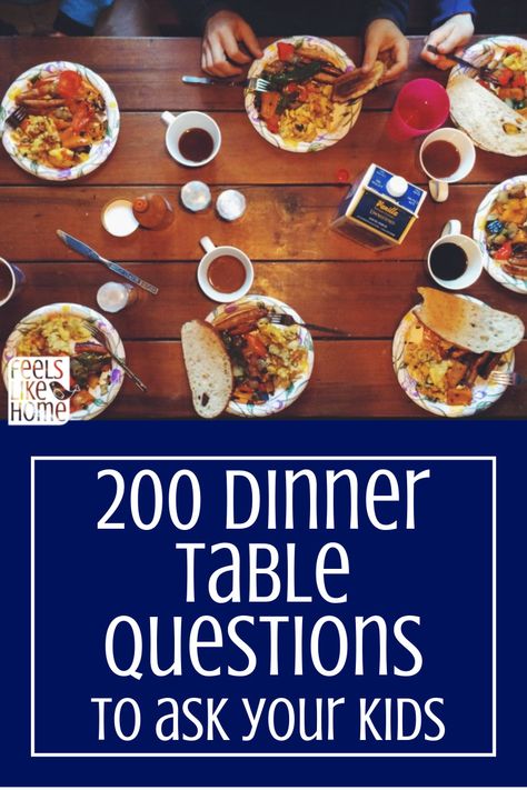 200 dinner table questions and conversation starters for kids and families - Great activities and ice breakers for children to get them talking and laughing with their parents. Free printables that could be used as writing prompts too. Great for road trips and classroom use too. https://feelslikehomeblog.com/2019/08/200-dinner-table-questions-to-ask-your-kids-that-will-make-you-a-better-parent/ Table Questions, Conversation Starters For Kids, Pre Made Meals, Homeschool Board, Better Parent, Healthy Marriage, Kids Growing Up, Ice Breakers, Conversation Starters