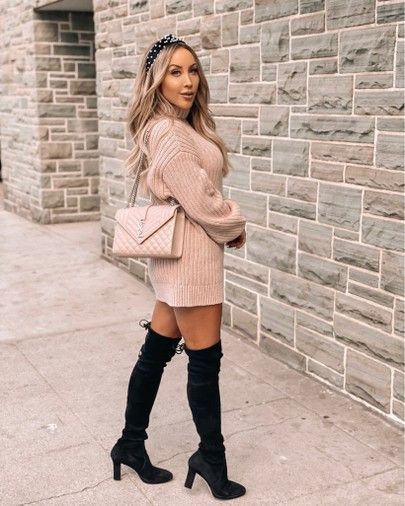 Knee High Boots Outfit Fall, High Boots Outfit Fall, Dress With Knee High Boots, Pink Oversized Sweater, Fall Boots Outfit, Black Knee Boots, Pink Sweater Dress, Fall Sweater Dress, Stuart Weitzman Boots